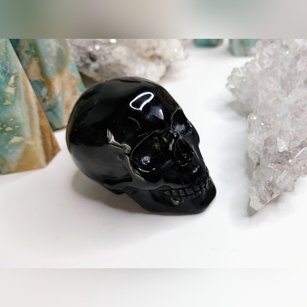 Gold Sheen Black Obsidian Crystal Skull Carving - Picture 8 of 12